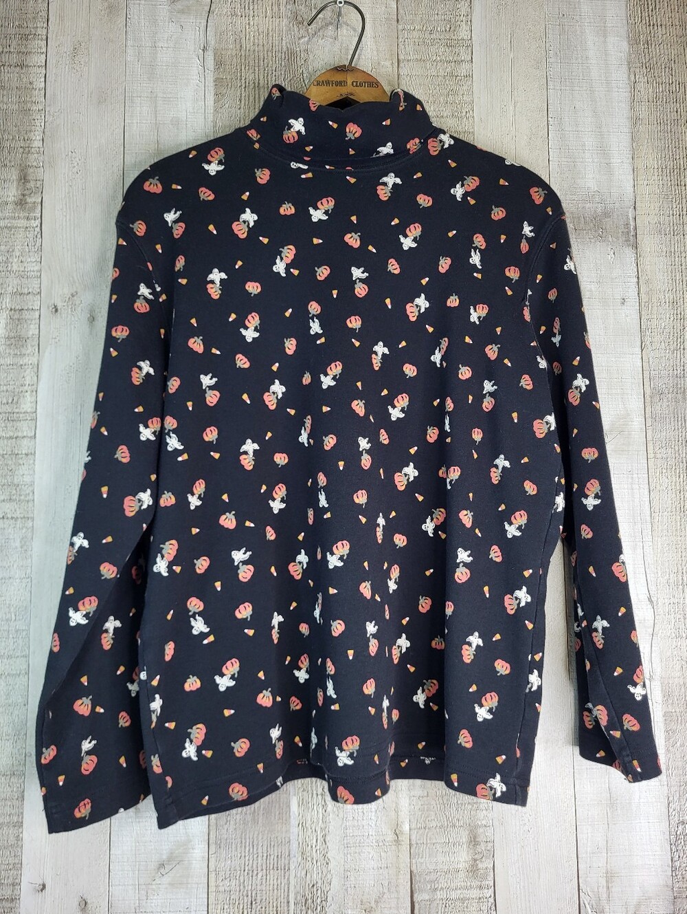 Talbots Black Halloween-Print Turtleneck Long Sleeve Top. Size Large.